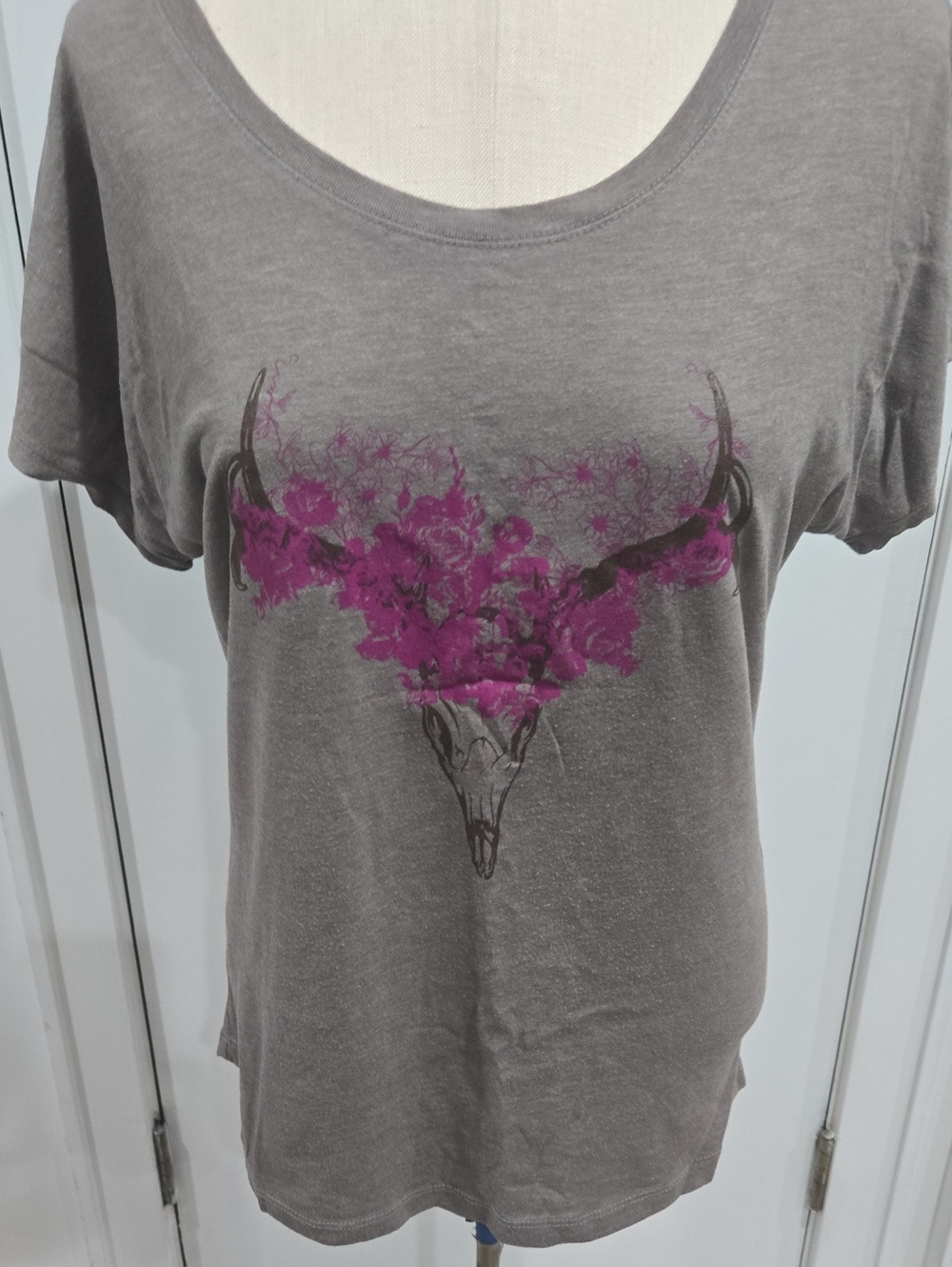 Next Level Apparel Gray Tee with Pink Floral Bull Skull